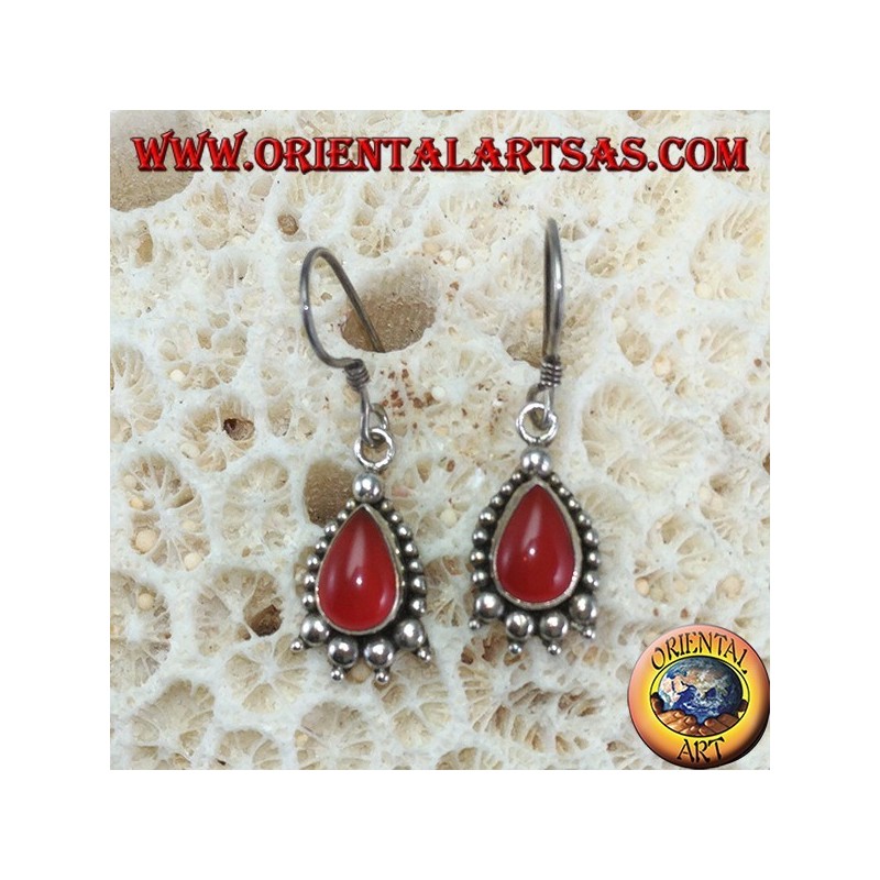 Silver earrings with drop carnelian decorated with silver dots
