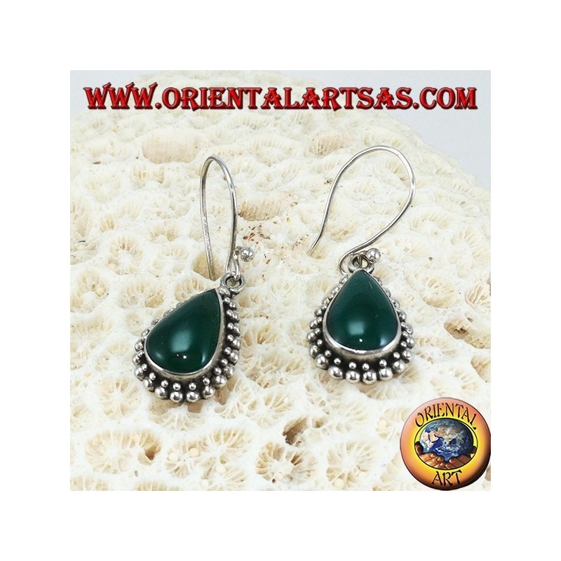 Silver earrings with green drop agate surrounded by two rows of dots