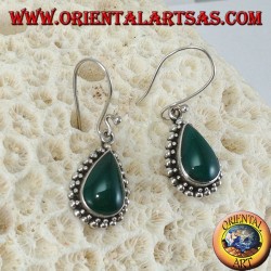 Silver earrings with green drop agate surrounded by two rows of dots