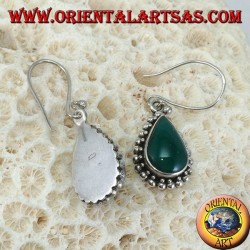 Silver earrings with green drop agate surrounded by two rows of dots
