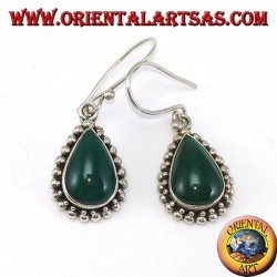 Silver earrings with green drop agate surrounded by two rows of dots