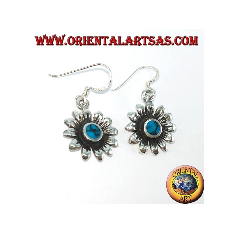 Silver daisy flower earrings with turquoise