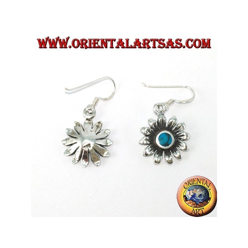 Silver daisy flower earrings with turquoise