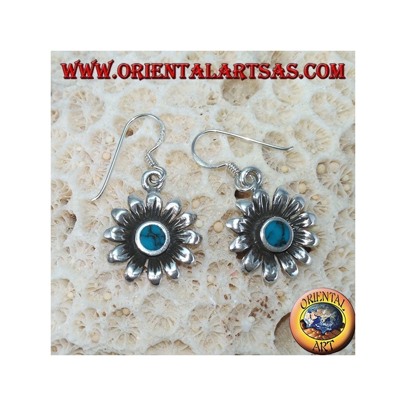 Boucles d'oreilles fleur daisy argent avec turquoise