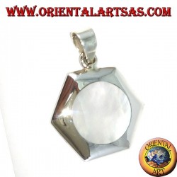 Hexagonal silver pendant with round mother-of-pearl