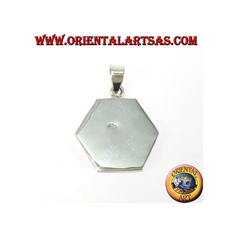 Hexagonal silver pendant with round mother-of-pearl