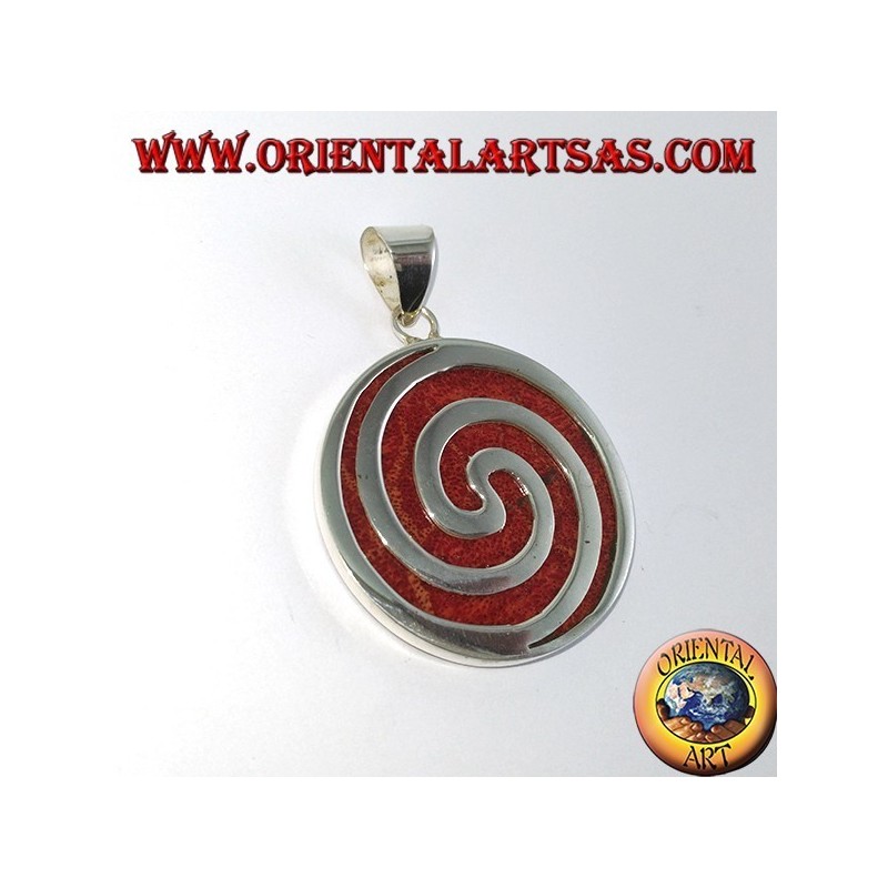 Silver pendant with red madrepora (coral), round and spiral