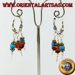 Silver earrings in circle with pendants of amber and turquoise