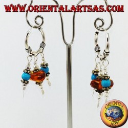 Silver earrings in circle with pendants of amber and turquoise