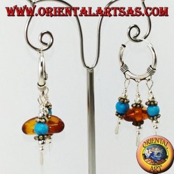 Silver earrings in circle with pendants of amber and turquoise