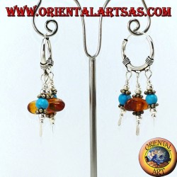 Silver earrings in circle with pendants of amber and turquoise