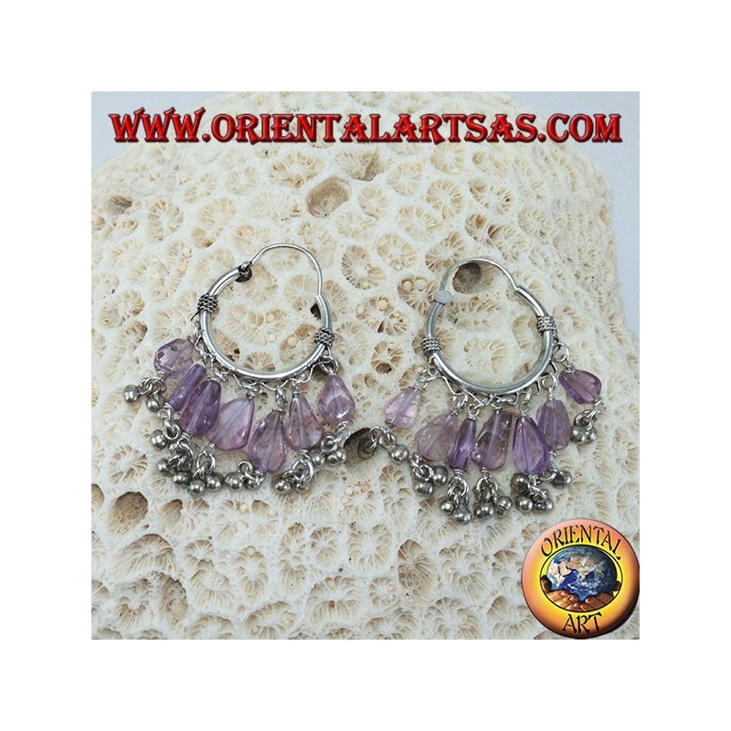 Silver hoop earrings with amethyst drop pendants