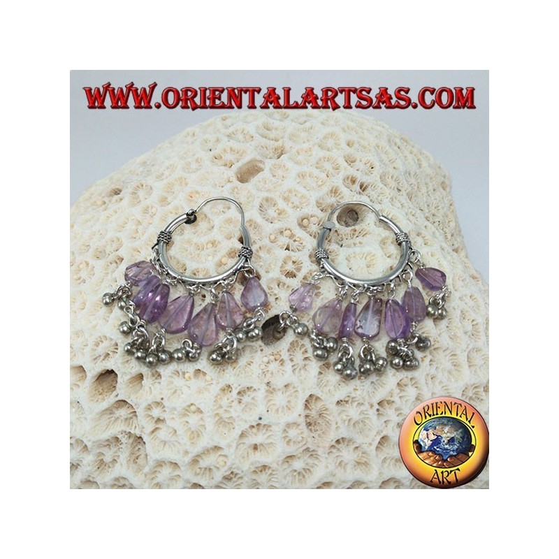 Silver hoop earrings with amethyst drop pendants