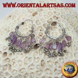 Silver hoop earrings with amethyst drop pendants