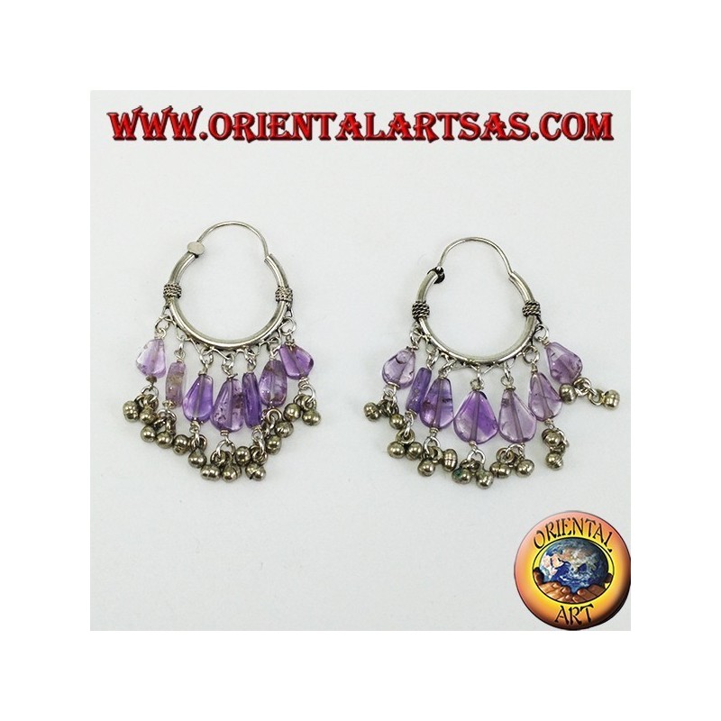 Silver hoop earrings with amethyst drop pendants