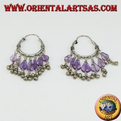 Silver hoop earrings with amethyst drop pendants