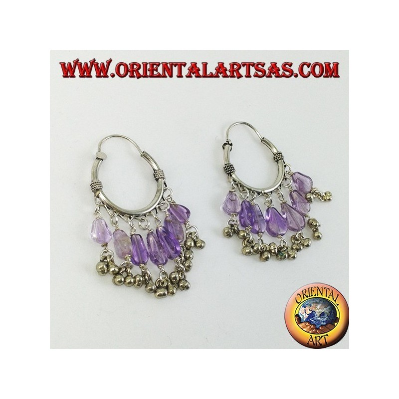 Silver hoop earrings with amethyst drop pendants