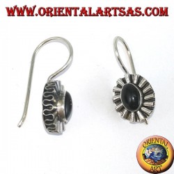 Silver earrings with oval onyx and wave contour