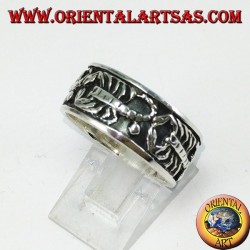 Silver band ring with bas-relief scorpions