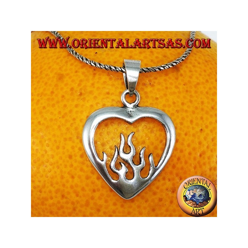Silver pendant, heart with fire