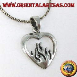 Silver pendant, heart with fire
