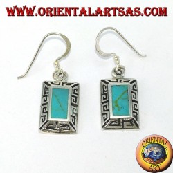 Boucles d'oreilles en argent avec turquoise rectangulaire et frontière grecque sculptée