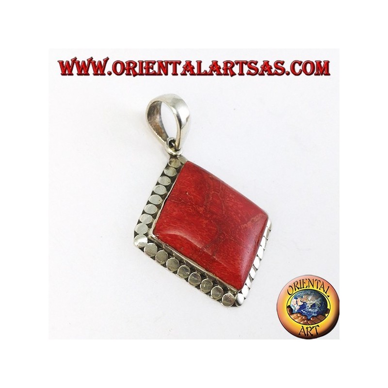 Silver pendant with square red madrepora surrounded by studs