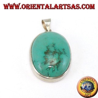 Pendentif en argent avec ovale Turquoise tibétain naturel et bord lisse