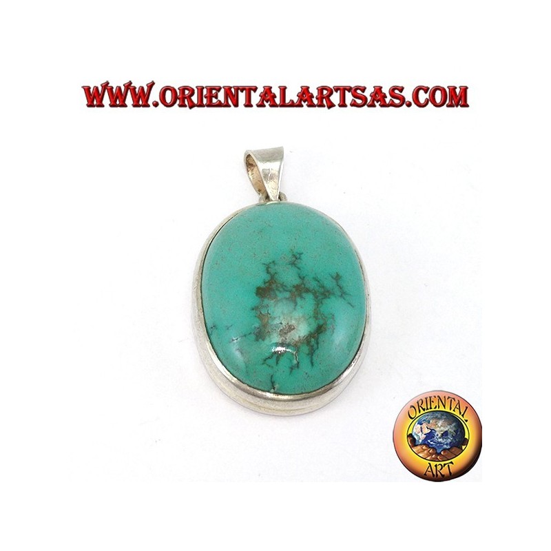 Ciondolo in argento con Turchese Tibetano naturale ovale e bordo liscio