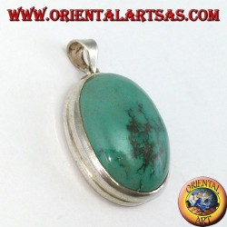 Colgante de plata con natural turquesa tibetana ovalada y borde liso