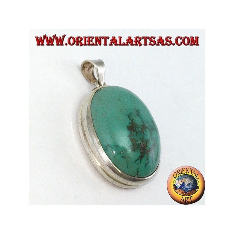 Colgante de plata con natural turquesa tibetana ovalada y borde liso