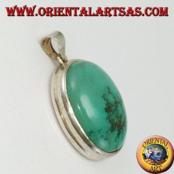 Pendentif en argent avec ovale Turquoise tibétain naturel et bord lisse