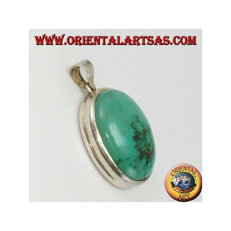 Pendentif en argent avec ovale Turquoise tibétain naturel et bord lisse