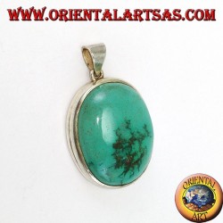 Colgante de plata con natural turquesa tibetana ovalada y borde liso
