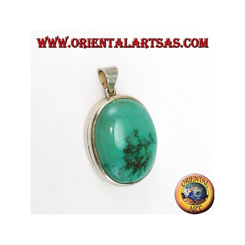 Colgante de plata con natural turquesa tibetana ovalada y borde liso