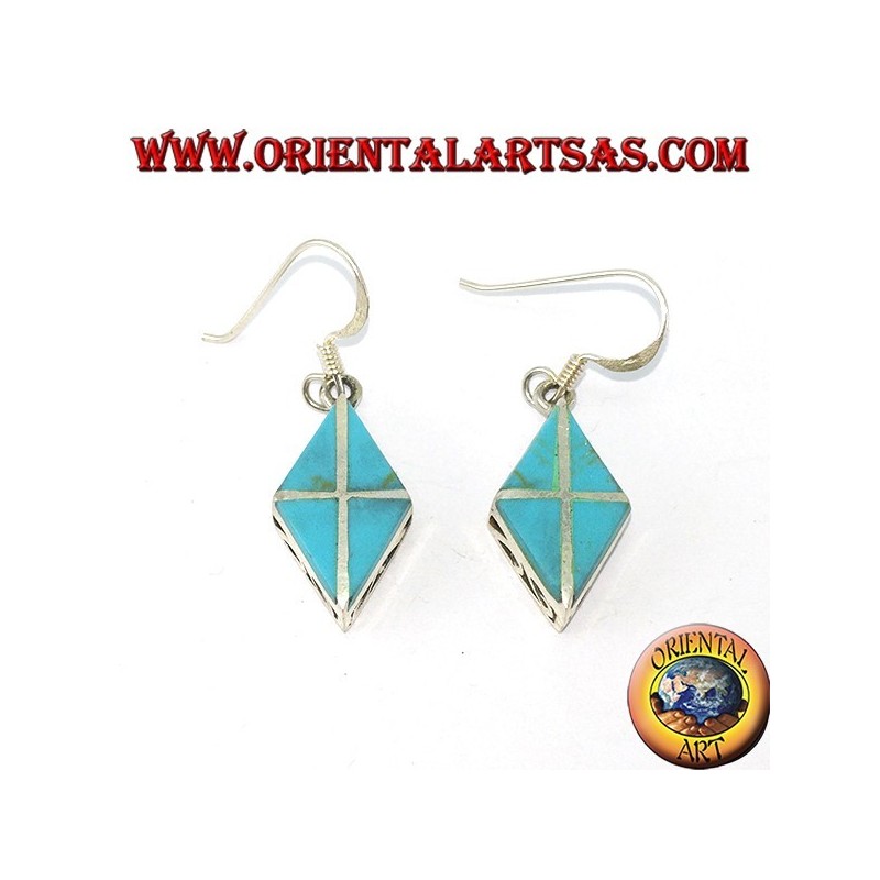 Silver earrings in the shape of a rhombus with four turquoises