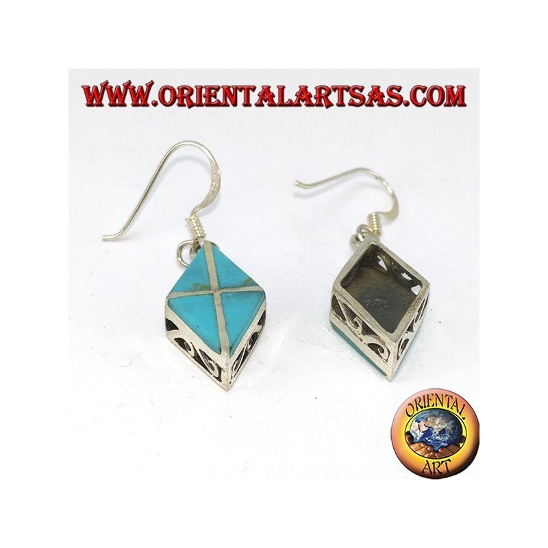 Orecchini in argento a rombo con quattro turchesi