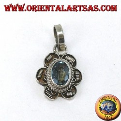 Pendant in silver flower with oval blue Topaz