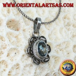 Pendant in silver flower with oval blue Topaz