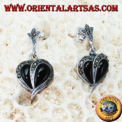 Silver earrings with onyx and marcasite, heart-shaped