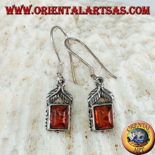Boucles d'oreilles en argent avec ambre rectangulaire et deux feuilles