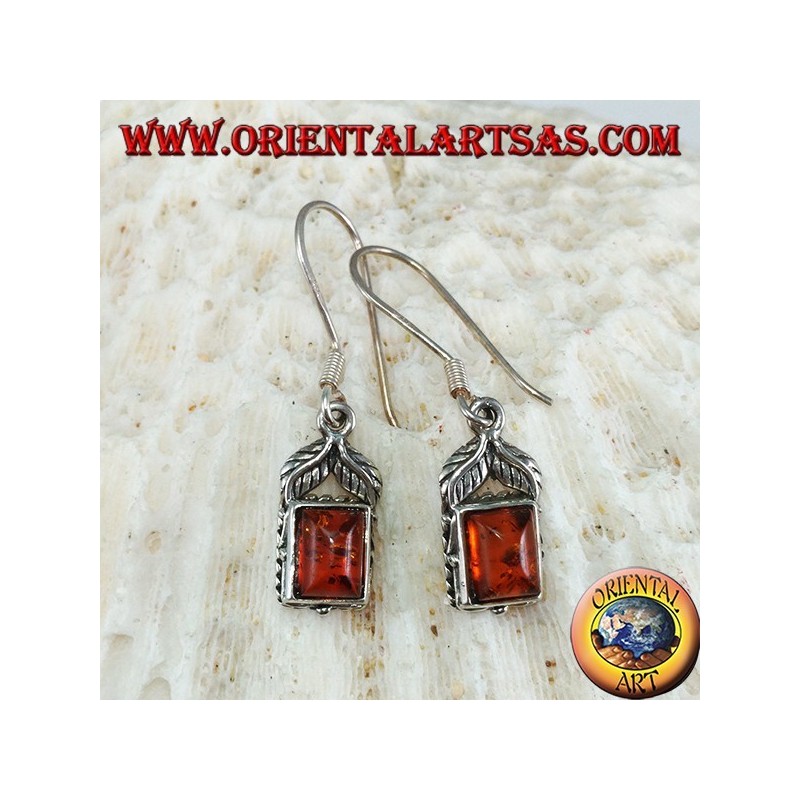 Silberohrringe mit rechteckigem Bernstein und zwei Blättern