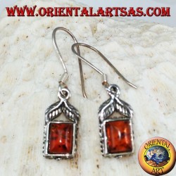 Pendientes de plata con ámbar rectangular y dos hojas
