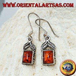Silver earrings with rectangular amber and two leaves