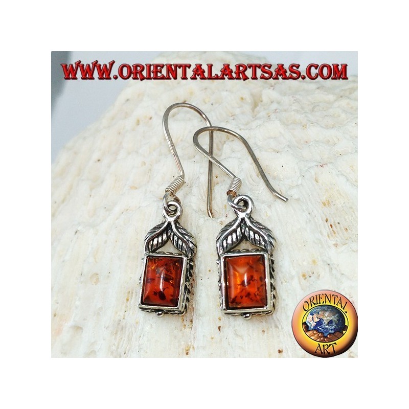 Silver earrings with rectangular amber and two leaves
