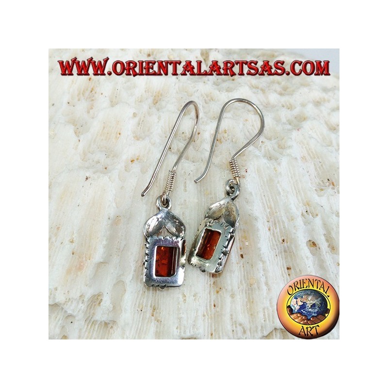Pendientes de plata con ámbar rectangular y dos hojas