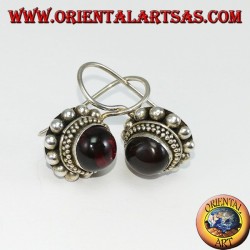 Silver earrings with round cabochon garnet