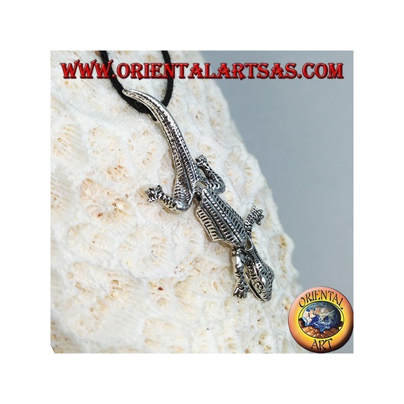 Pendentif en argent, gecko mobile avec la tête vers le bas