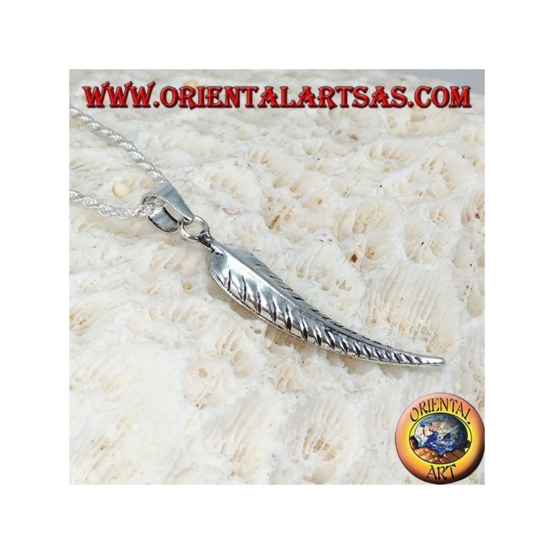 Silver pendant in the shape of a feather symbol of purification