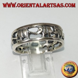 Anello a fascia in argento 925, elefanti in fila con proboscide in su